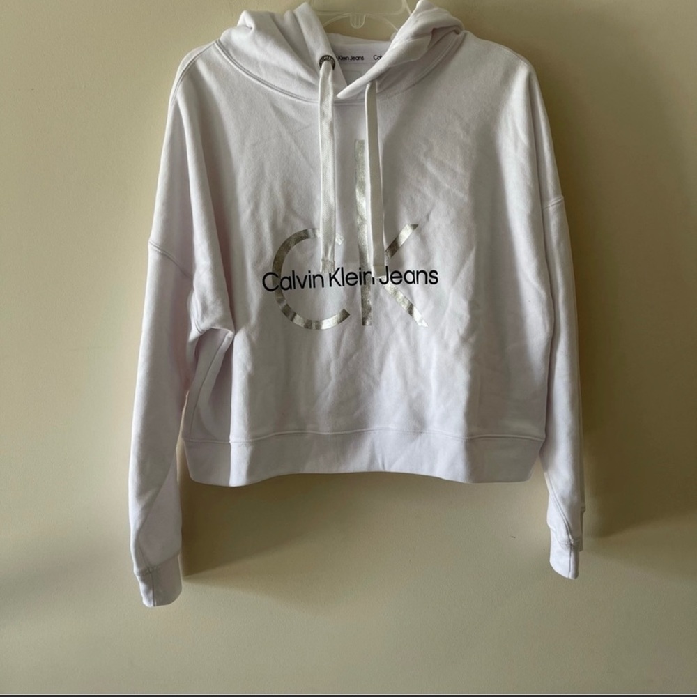 Calvin Klein Jeans White Cropped Long Sleeve Sweater Hoodie